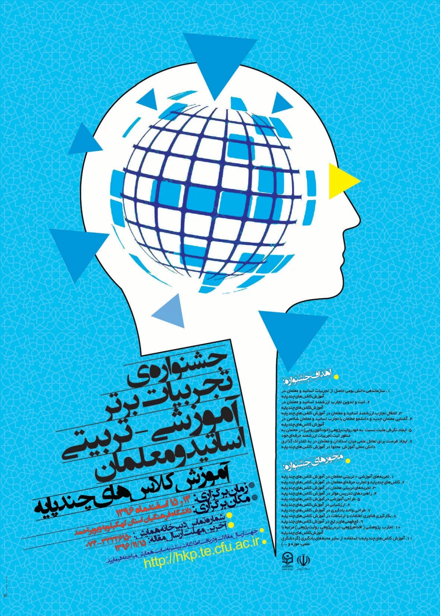 دانشگاه فرهنگیان با همکاری مدیریت امور پردیس های استان ها برگزار می کند:

مرحله اول همایش دانش آموزش محتوا در 14 استان و جشنواره تجربیات آموزشی - تربیتی در 20 استان 6