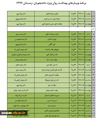اداره کل مشاوره، بهداشت و سلامت وزارت عتف برگزار می نماید:

دوره های آنلاین بهداشت روان ویژه دانشجویان سراسر کشور در زمستان 1399